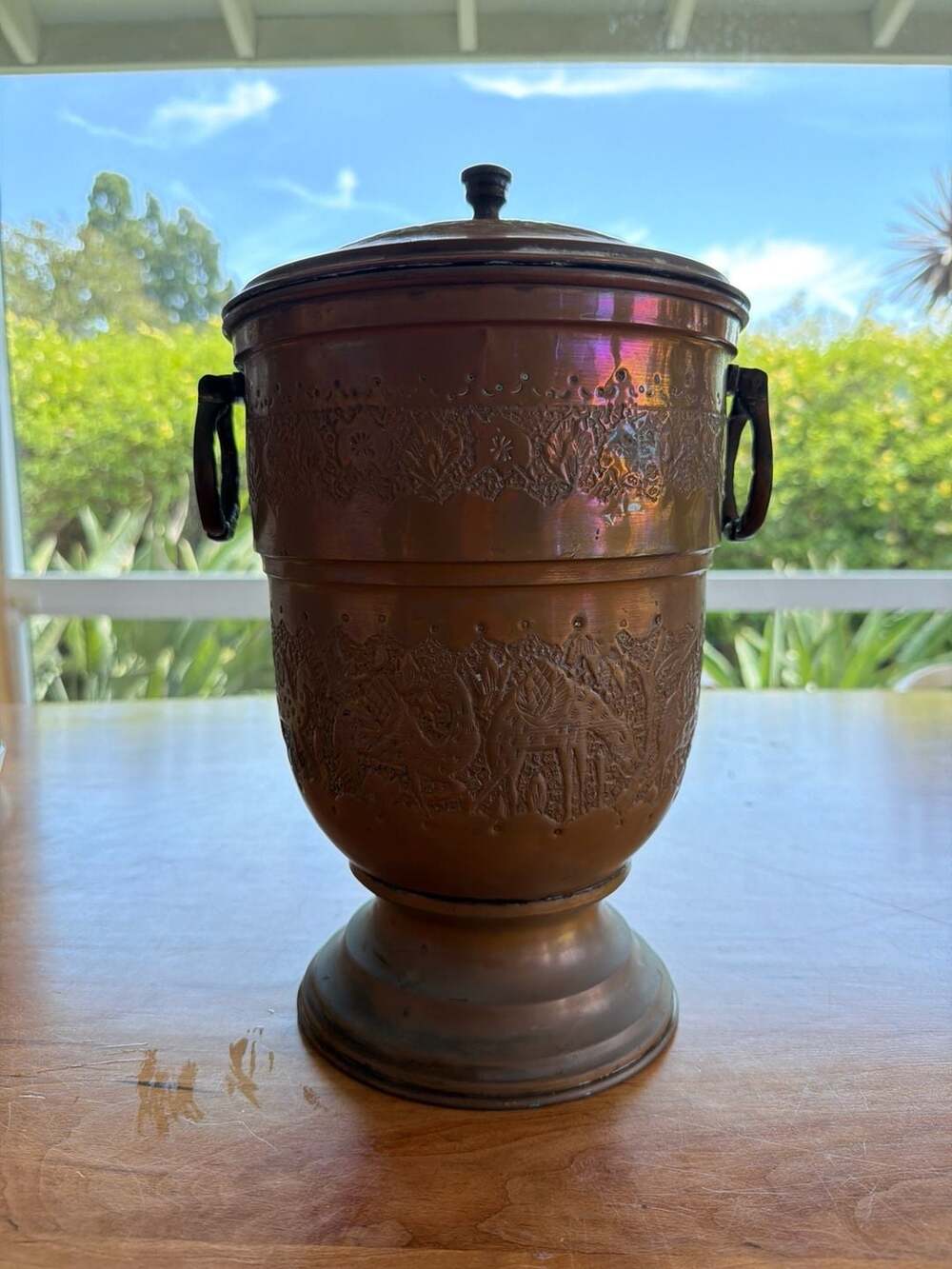 Vintage Hand-Chased Copper Ice Bucket with Lid, Camel and Palm Tree Motif